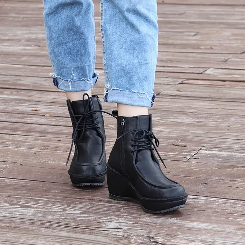 70mm Wedge Ankle Boots For Women Handmade Lace-Up Ankle Booties in Black/Brown