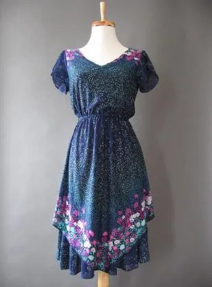 70s Floral Dress Vintage Tulip Sleeve Tiered Flutter Blue Small VFG