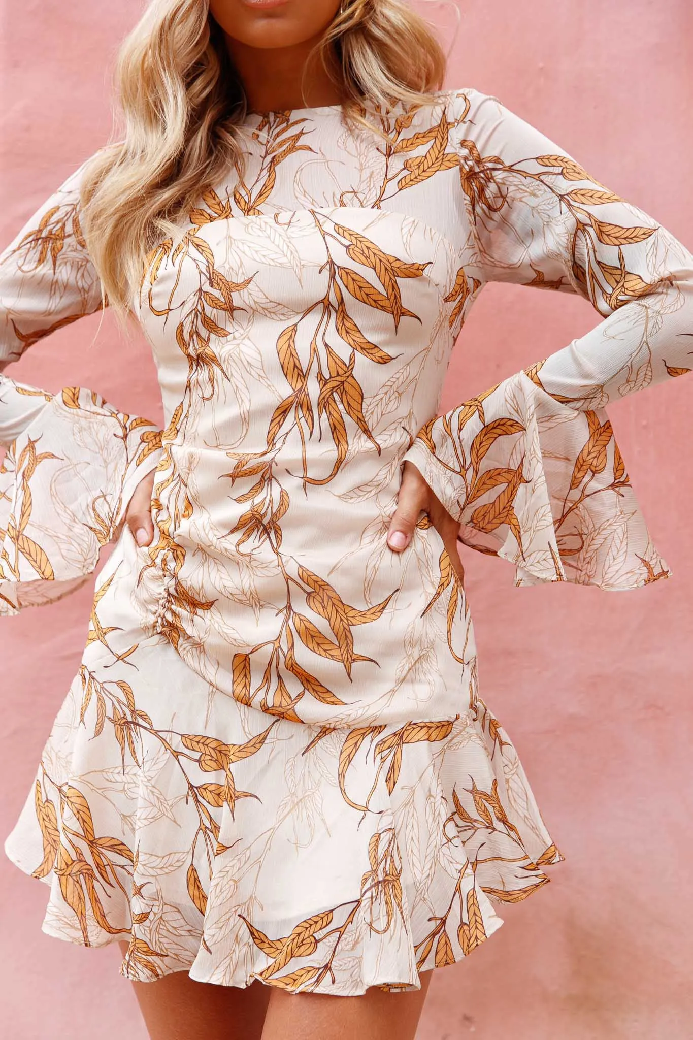 Adalia Long Sleeve Flared Cuff Dress Leaf Print Beige