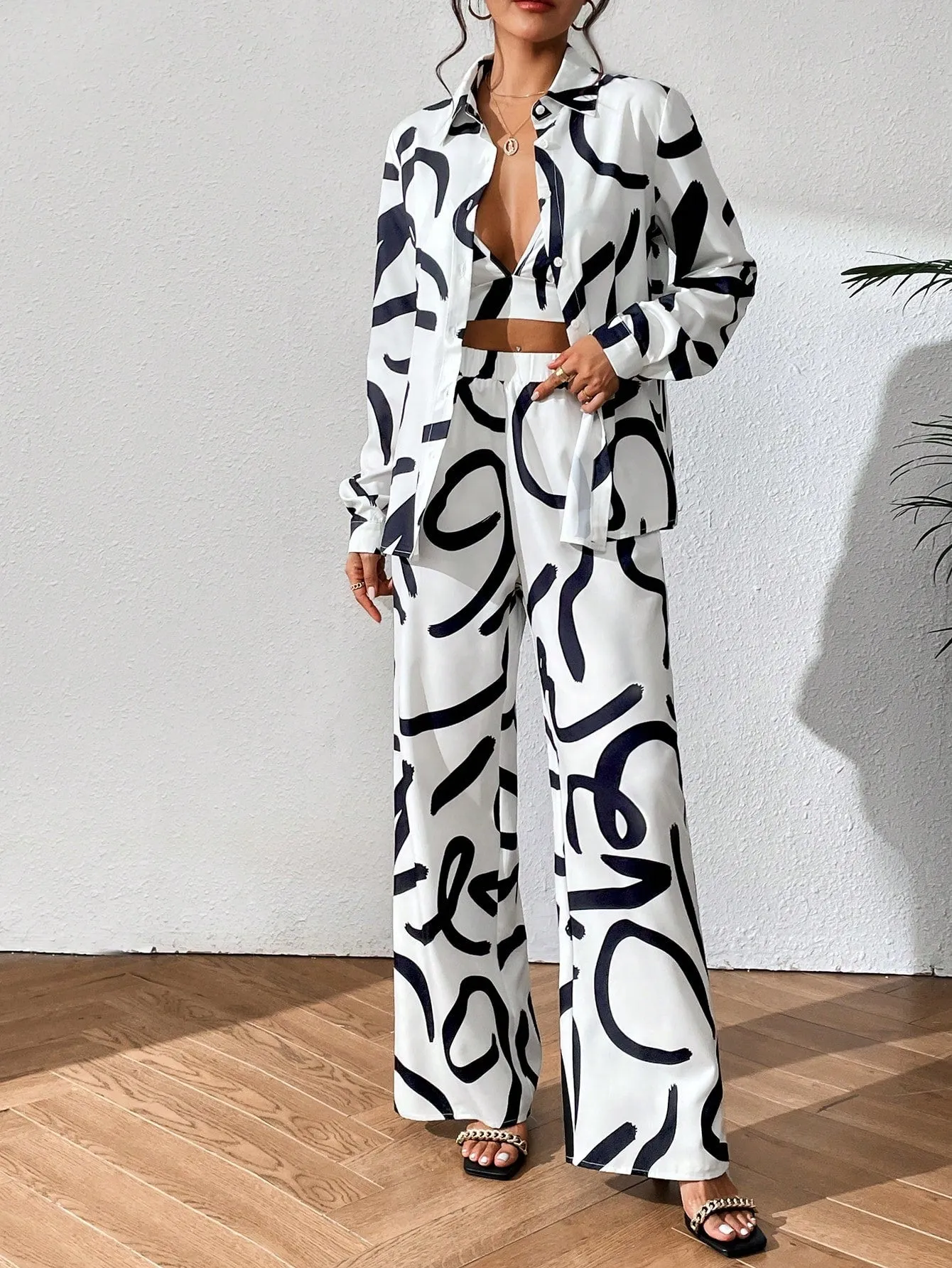 All over Print Shirt Wide Leg Pants Cami Top