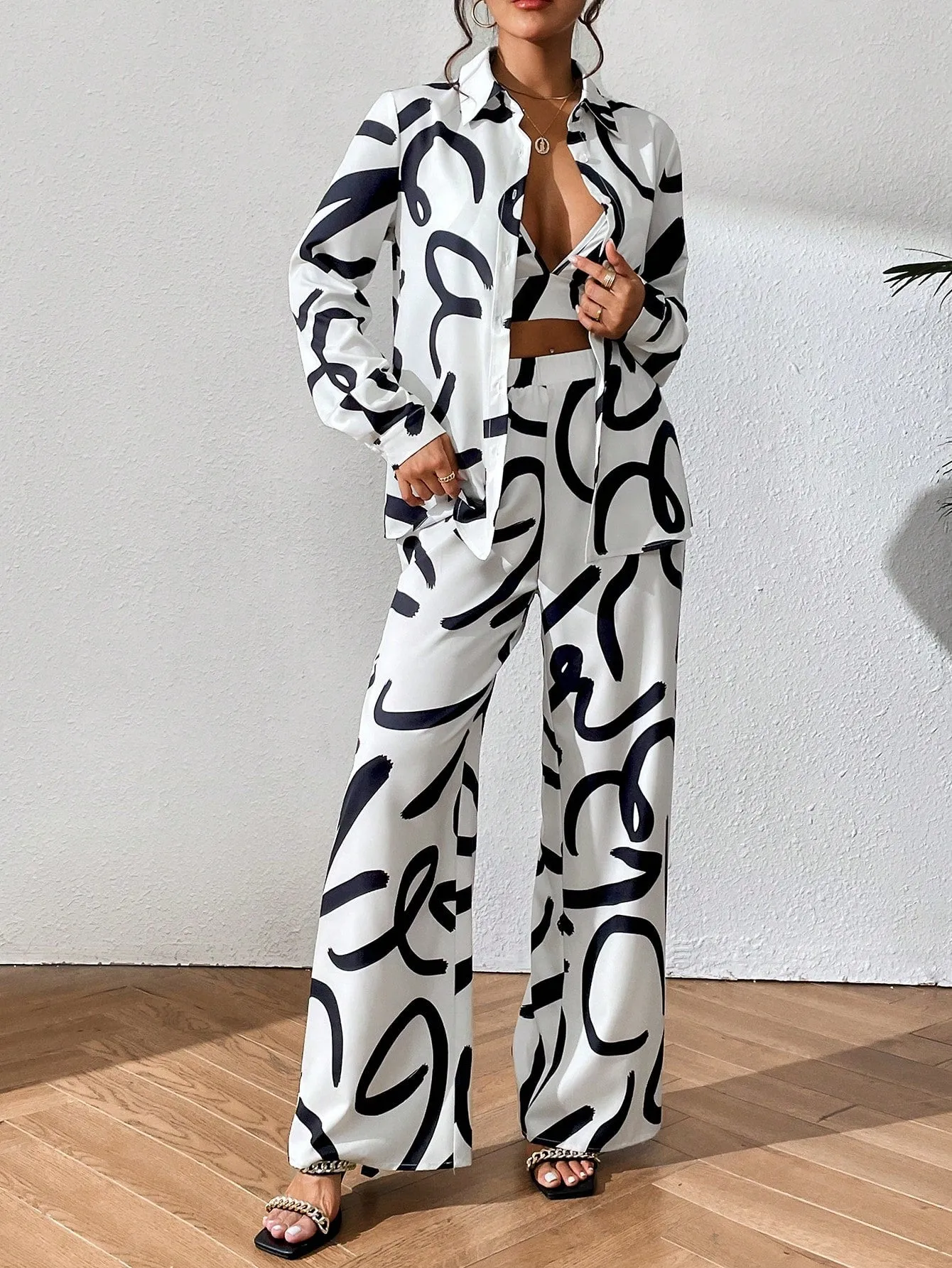 All over Print Shirt Wide Leg Pants Cami Top