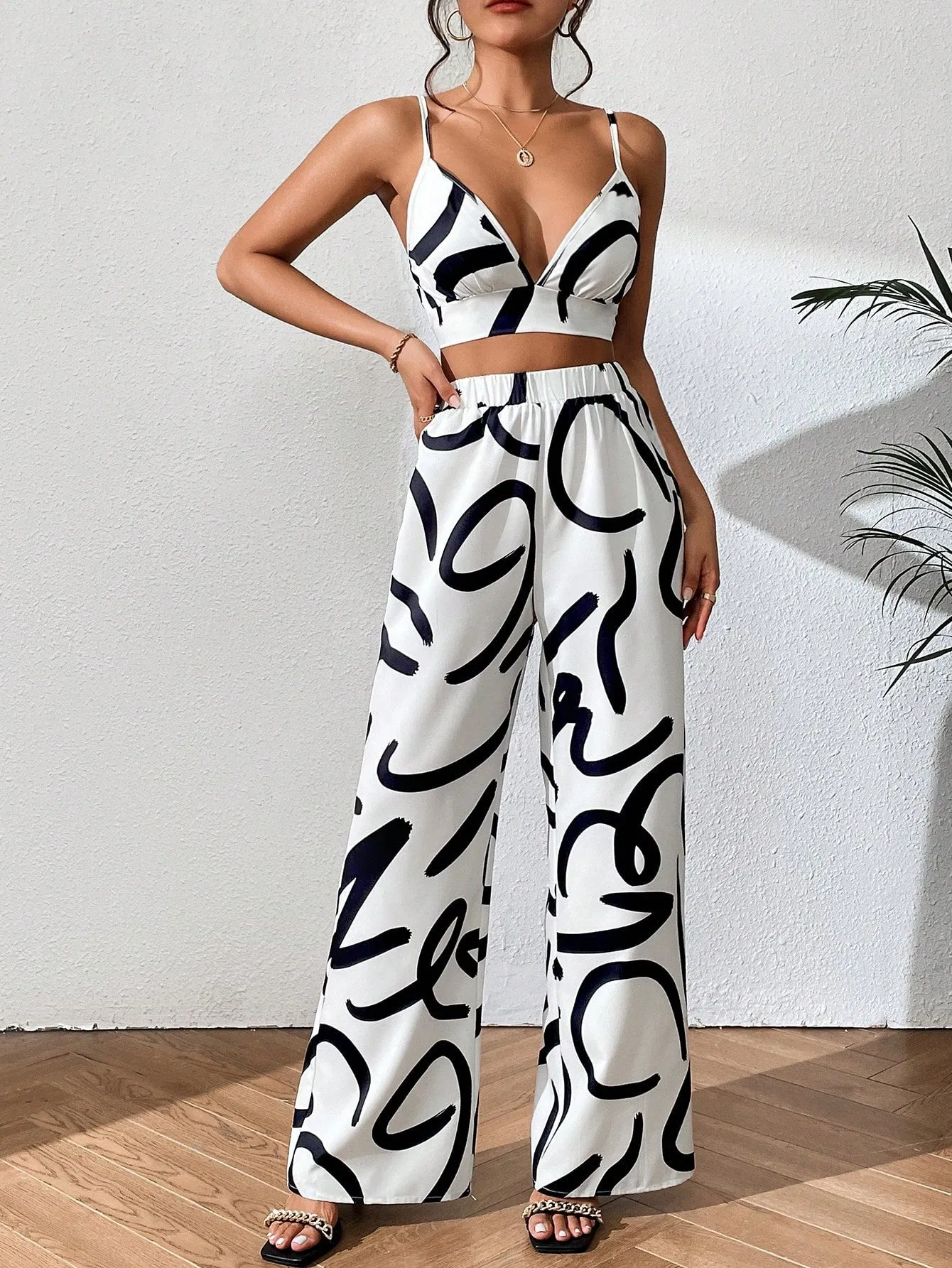 All over Print Shirt Wide Leg Pants Cami Top