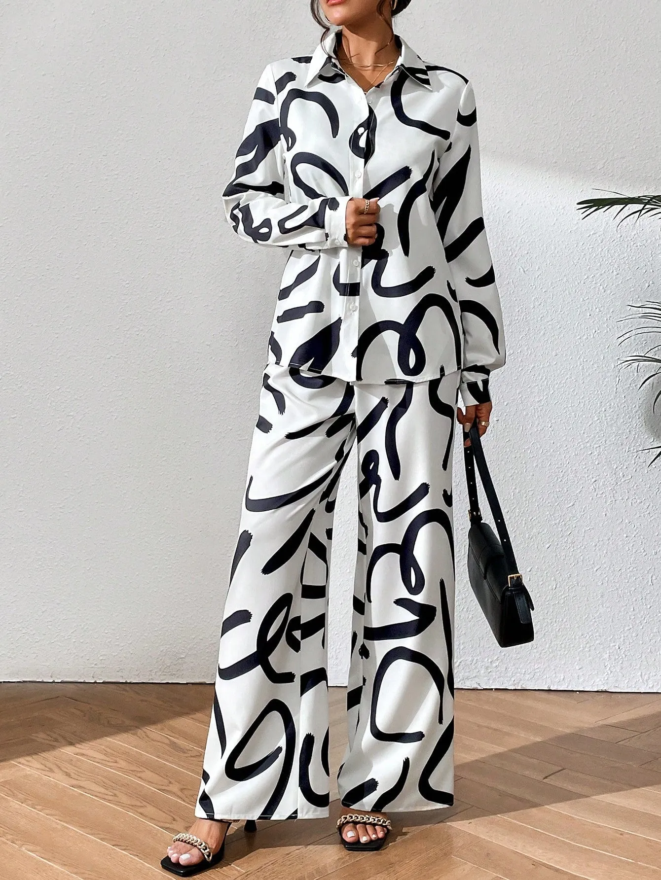 All over Print Shirt Wide Leg Pants Cami Top