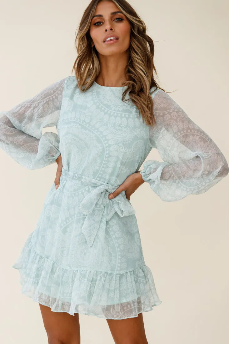 Always & Forever Long Balloon Sleeve Crew Neck Dress Paisley Print Mint