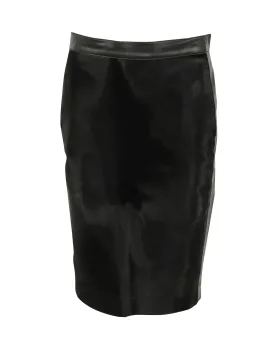 Black Leather Pencil Skirt with Panel Detailing and Exposed Back Zipper