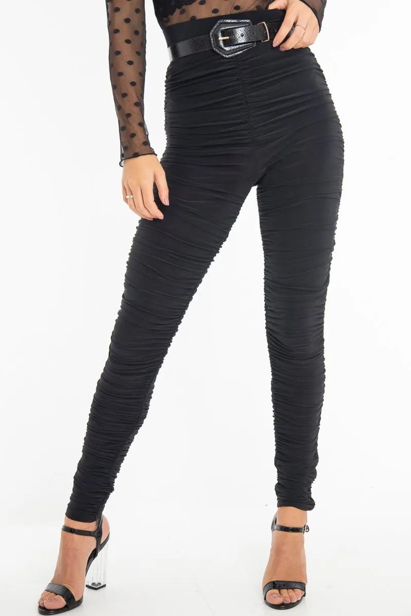 Black Slinky Ruched High Waist Leggings - Dakota