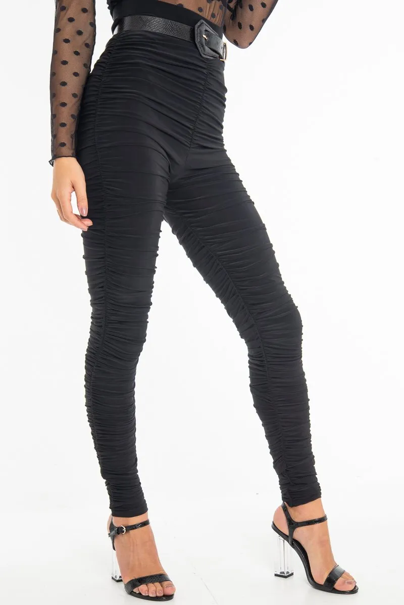 Black Slinky Ruched High Waist Leggings - Dakota