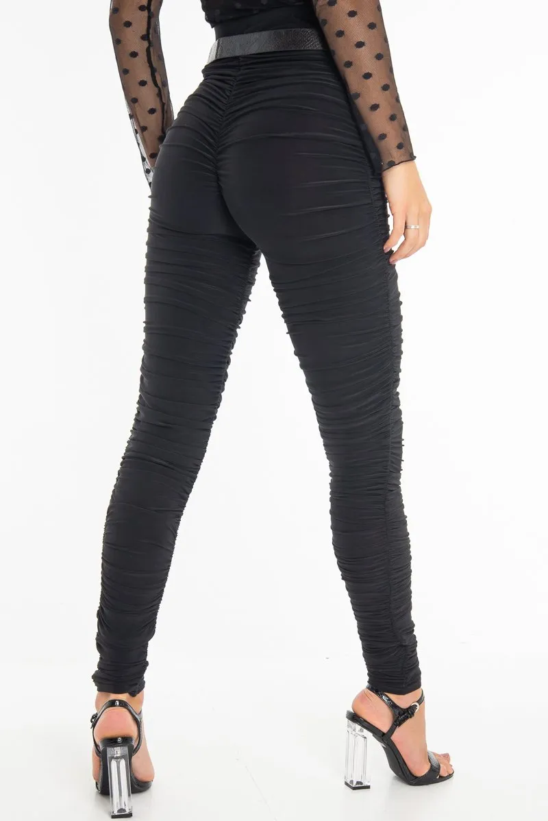 Black Slinky Ruched High Waist Leggings - Dakota