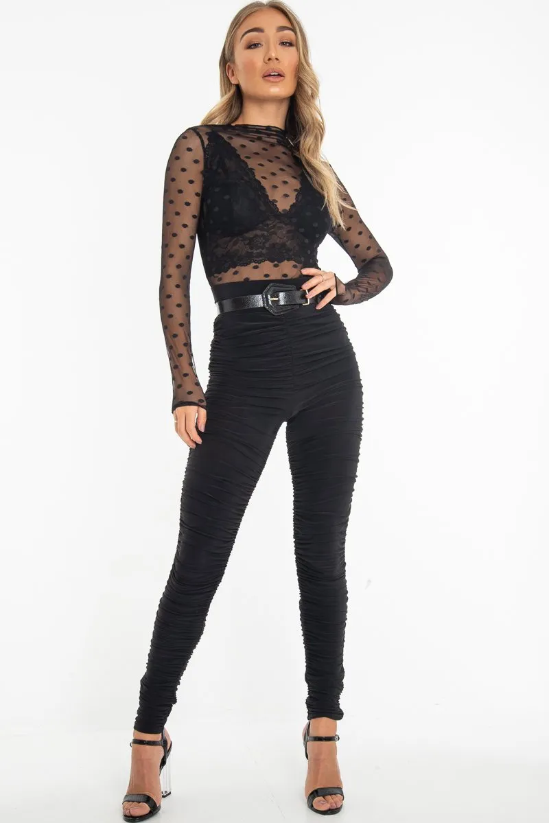 Black Slinky Ruched High Waist Leggings - Dakota