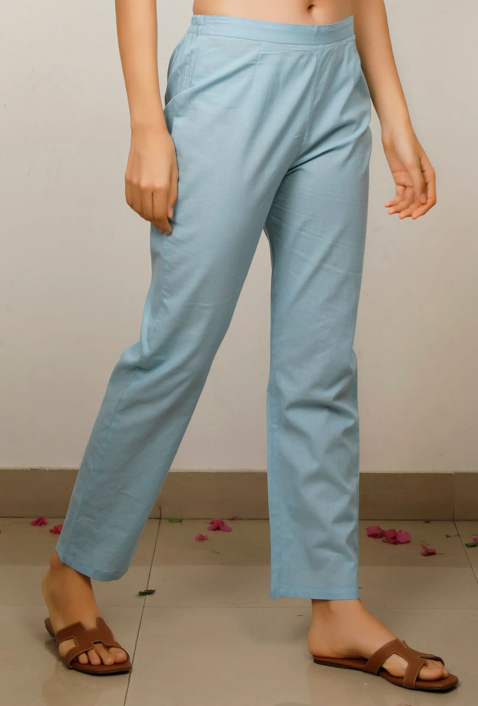 Blue Cotton straight Pants