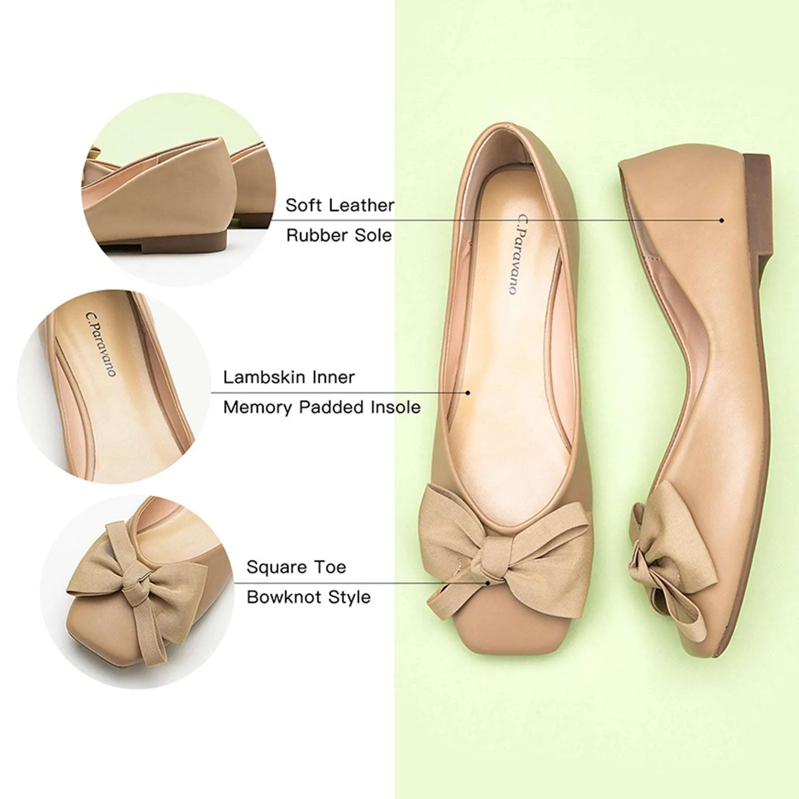 Bowknot Square Flats Soft Leather