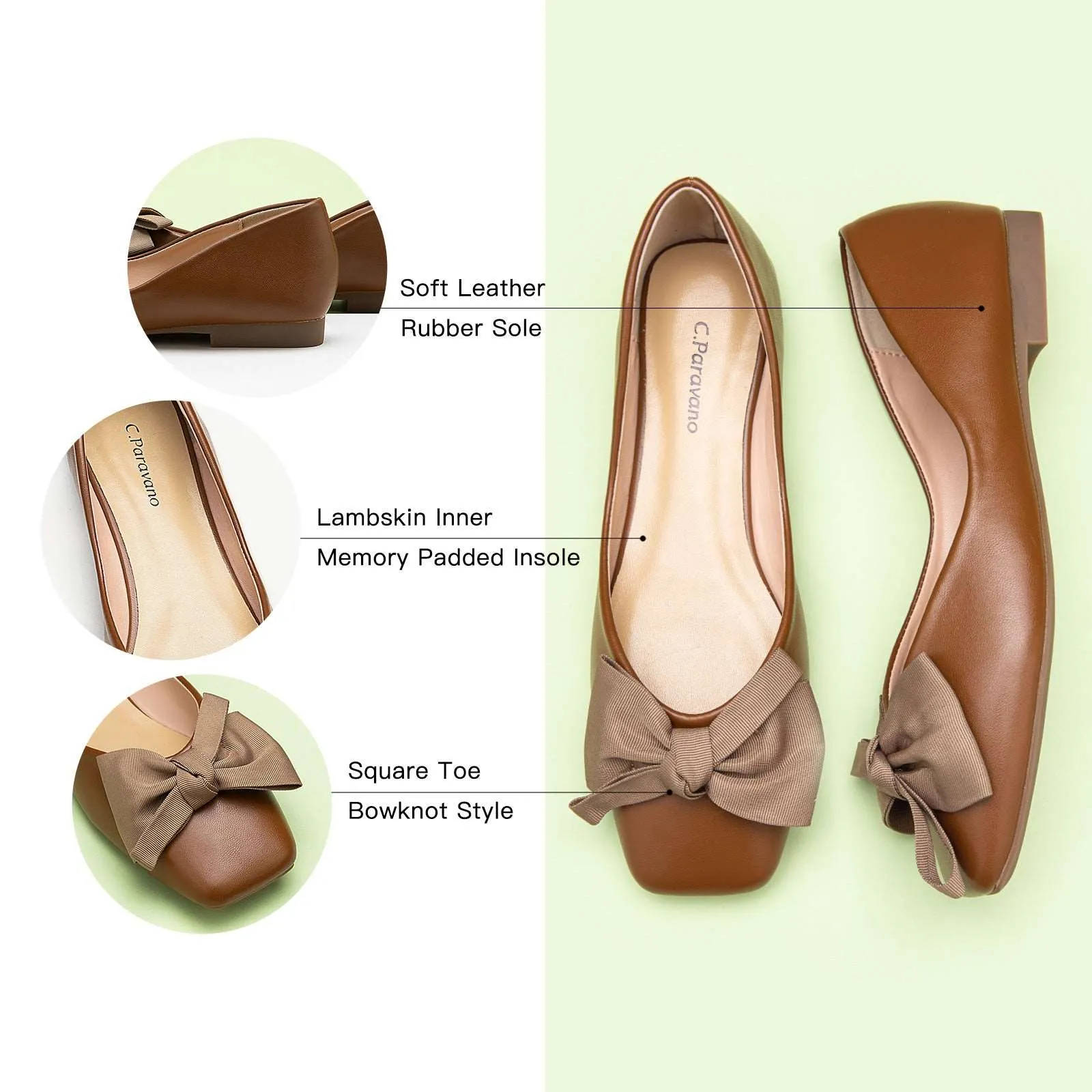 Bowknot Square Flats Soft Leather