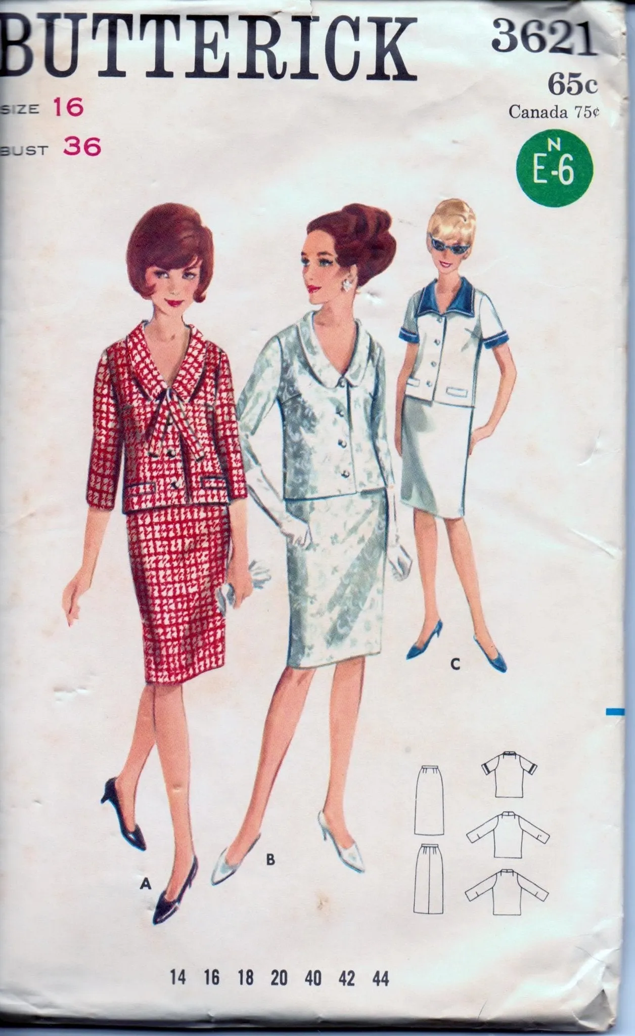 Butterick 3621 Ladies Two Piece Suit Skirt Jacket Vintage 1960's Sewing Pattern