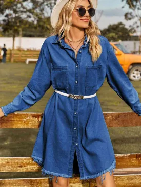 Button Up Collared Neck Raw Hem Denim Dress