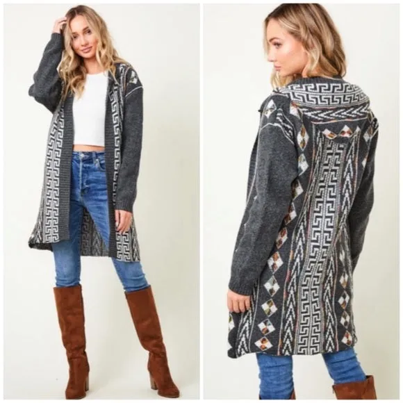 Charcoal Gray Native Cowichan Aztec Western Boho Hooded Cardigan Sweater Womens