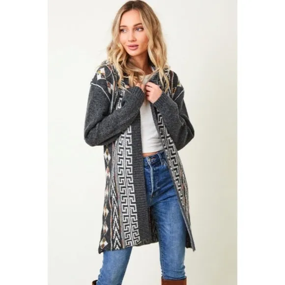 Charcoal Gray Native Cowichan Aztec Western Boho Hooded Cardigan Sweater Womens