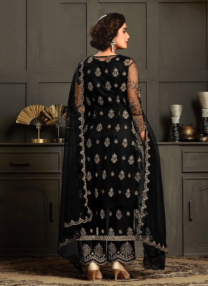 Delightful Black Embroidered Net Jacket Style Suit