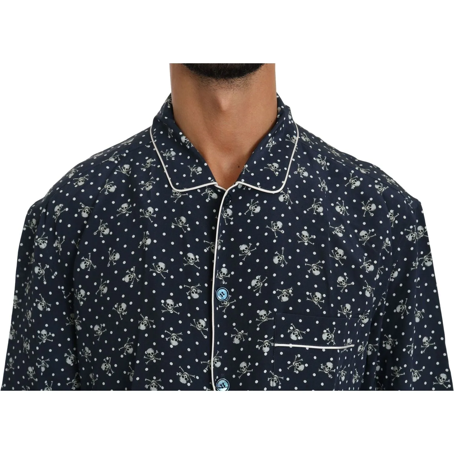 Dolce & Gabbana Silken Elegance: Blue Skull Print Lounge Shirt