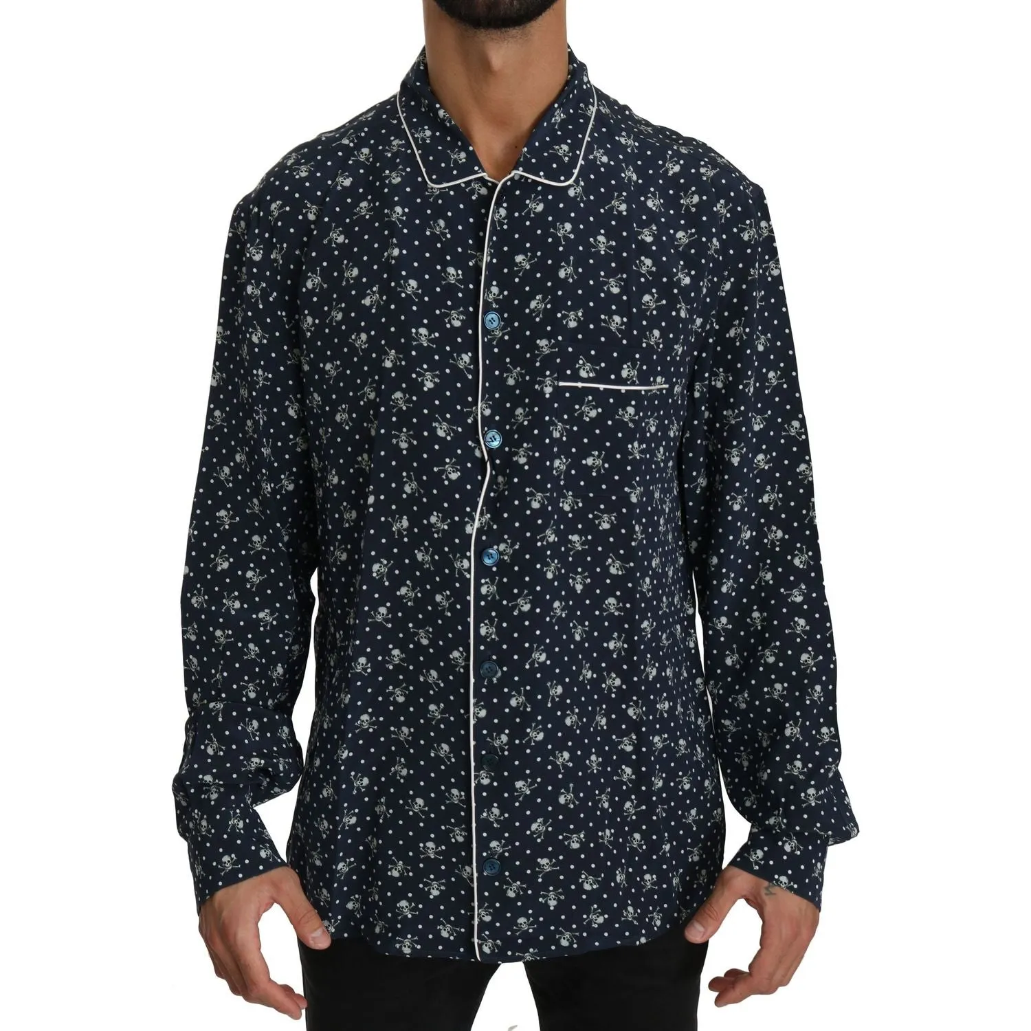 Dolce & Gabbana Silken Elegance: Blue Skull Print Lounge Shirt