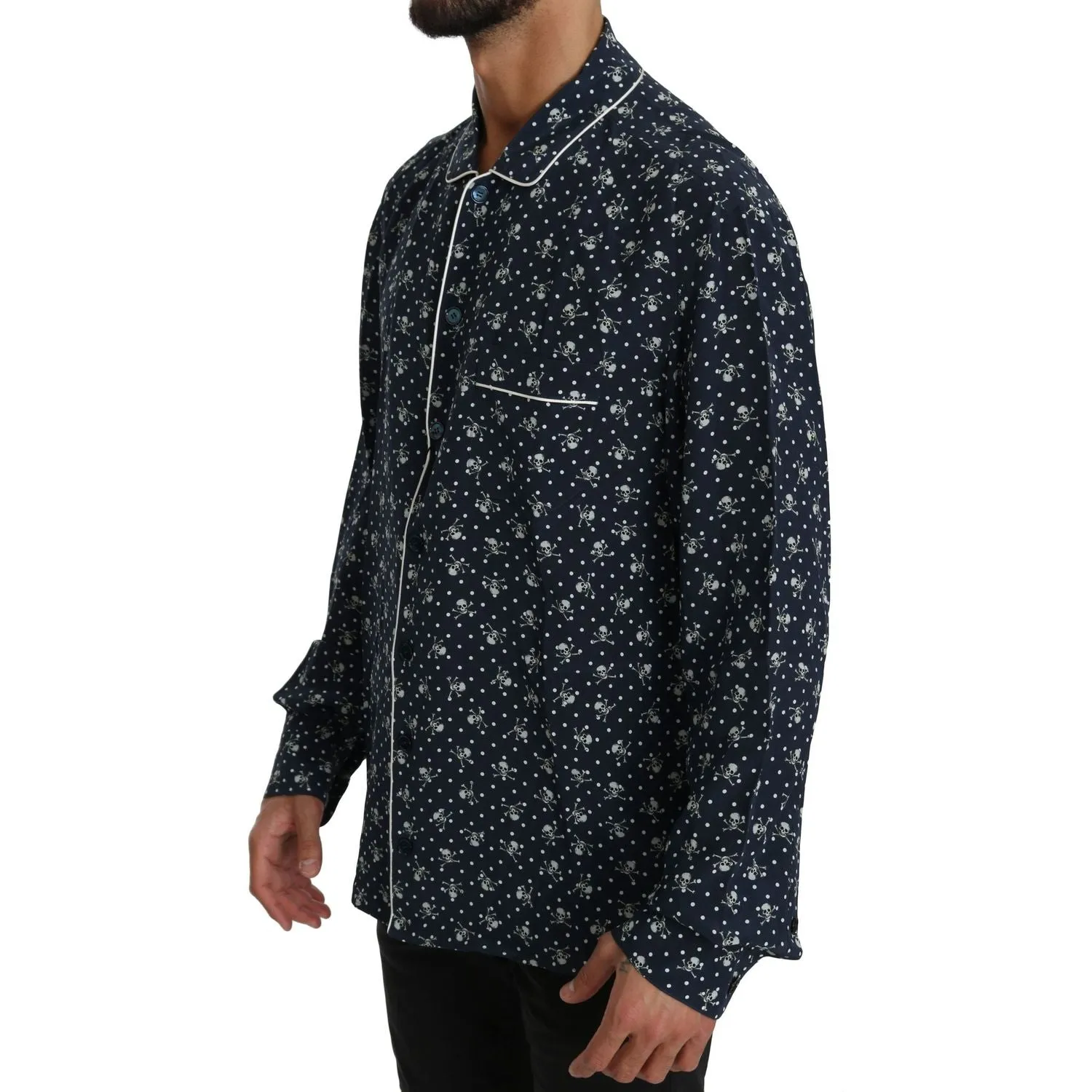 Dolce & Gabbana Silken Elegance: Blue Skull Print Lounge Shirt