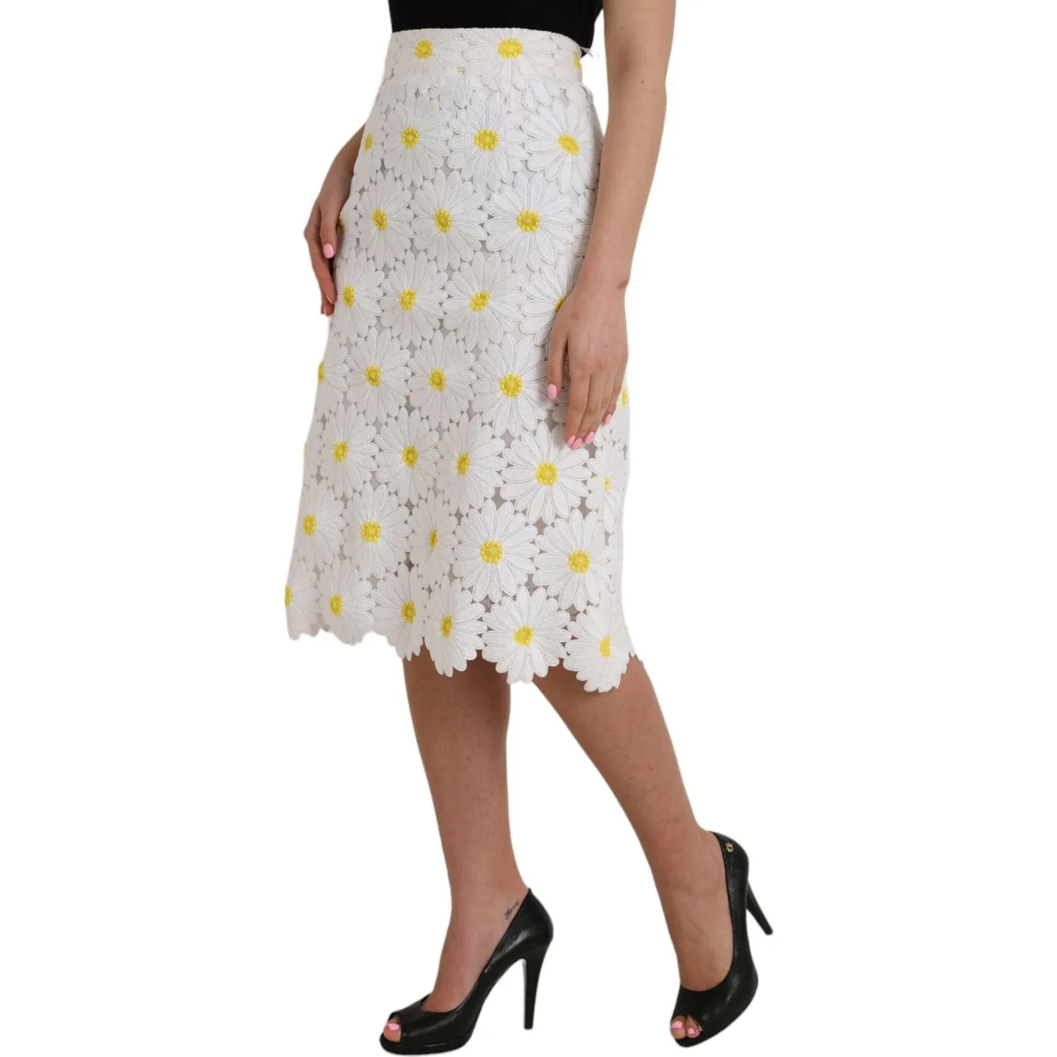 Dolce & Gabbana White Floral Pencil Straight Lace Skirt