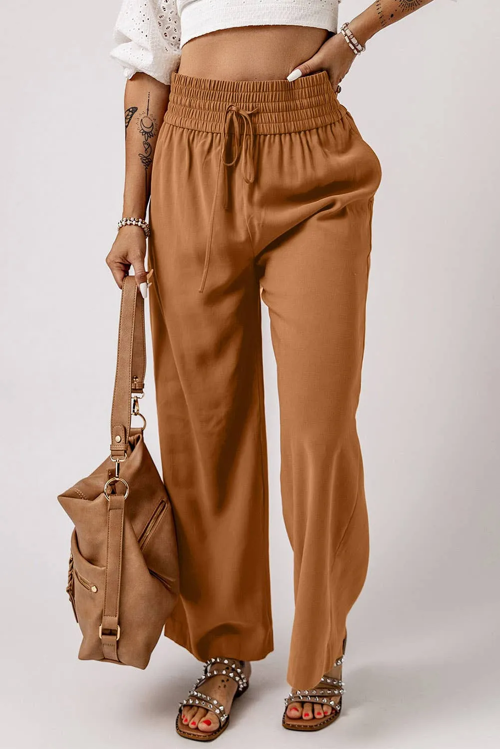 Drawstring Elastic Waist Casual Wide Leg Pants