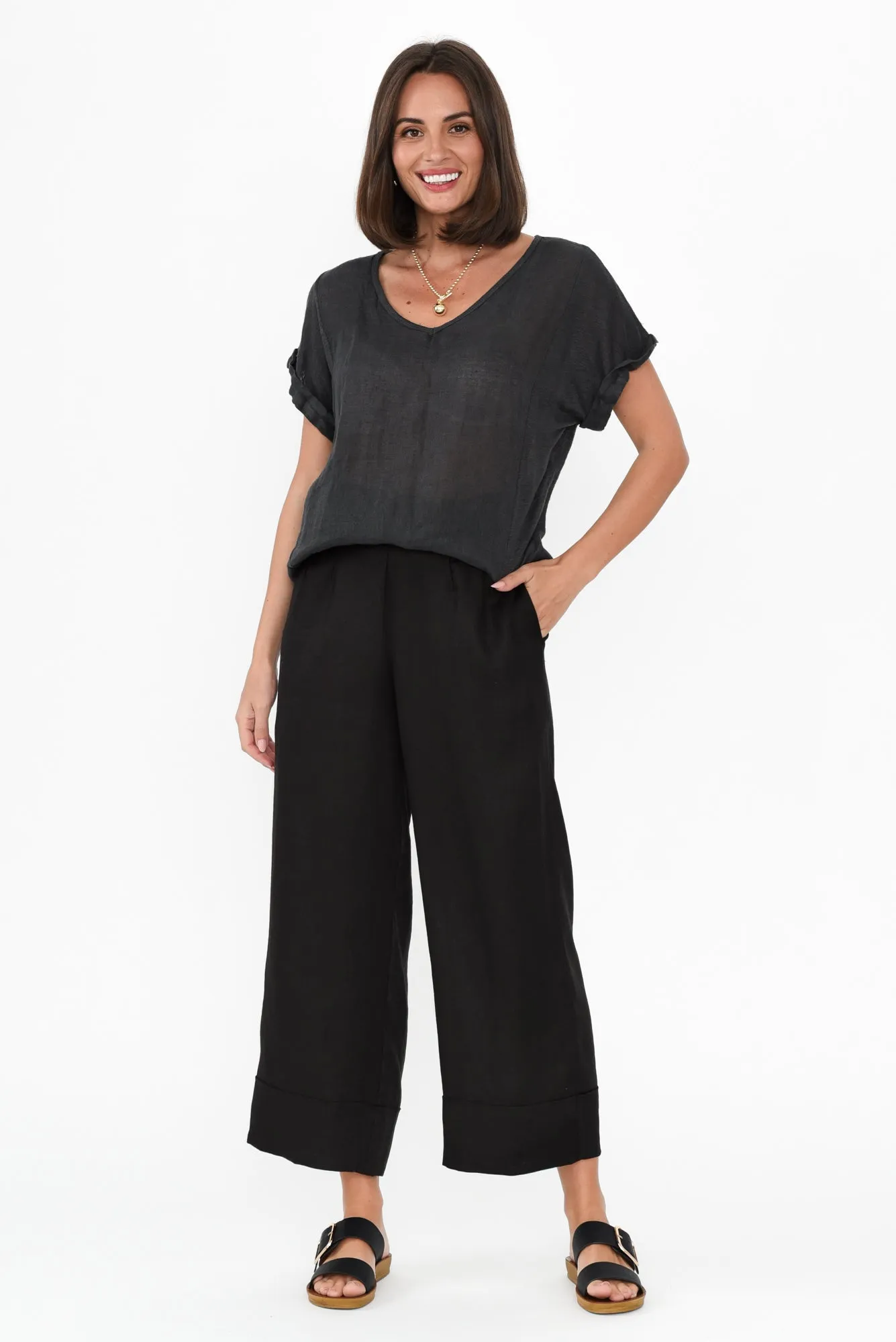 Elgon Black Linen Wide Leg Pants