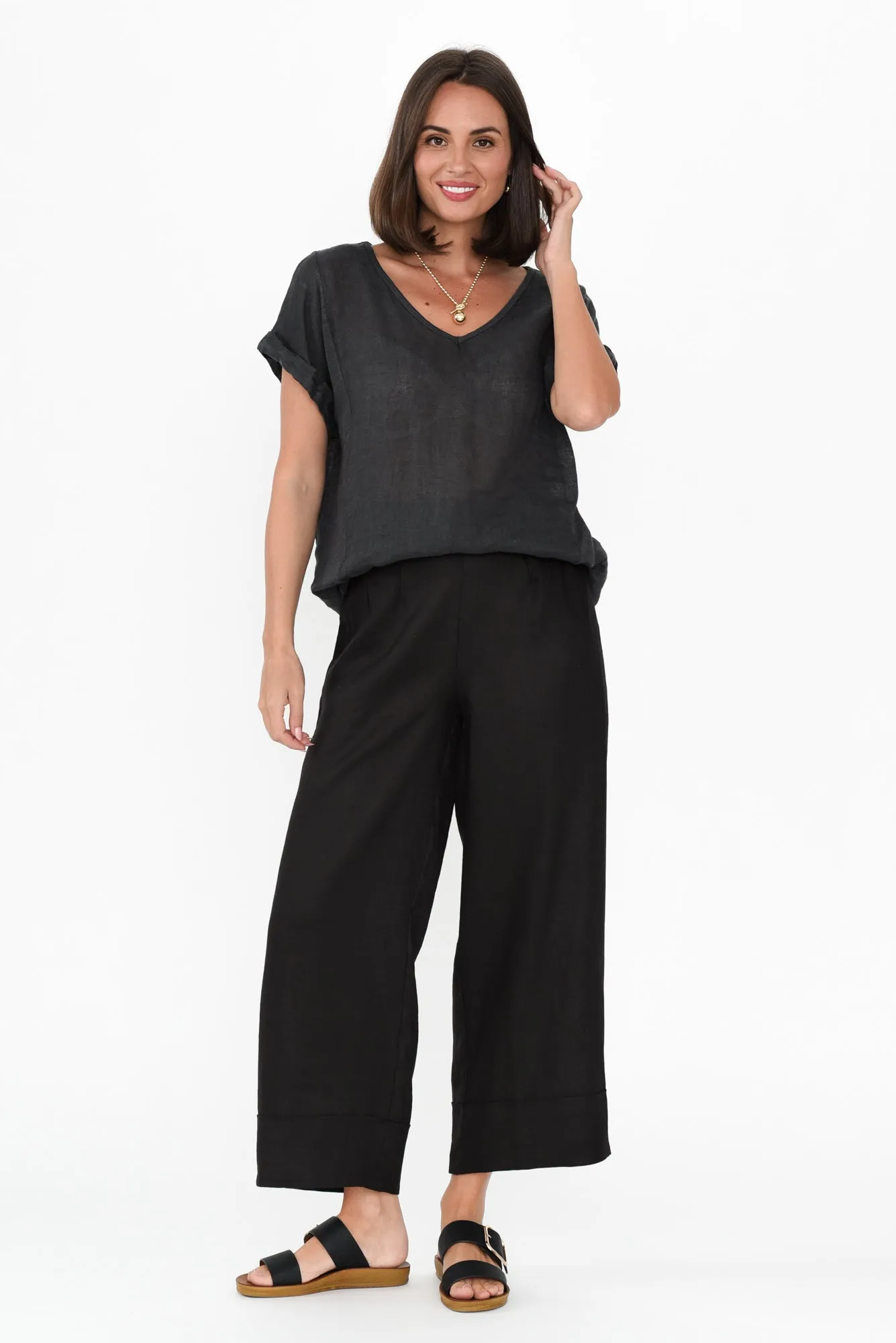 Elgon Black Linen Wide Leg Pants