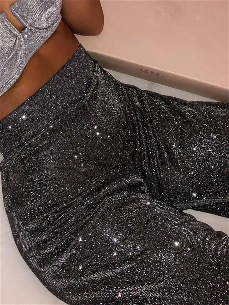 Fashion Sparkly Party Casual Straight Silver Night Glitter High-waist Pants