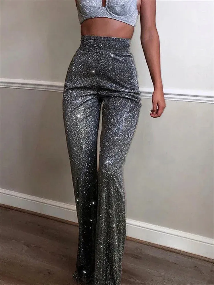 Fashion Sparkly Party Casual Straight Silver Night Glitter High-waist Pants