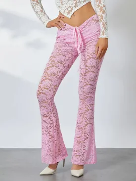 Floral Sheer Mesh Flare Drawstring Low Rise Bell-Bottoms Sexy See Through Party Club Leggings Streetwear Lace Pants