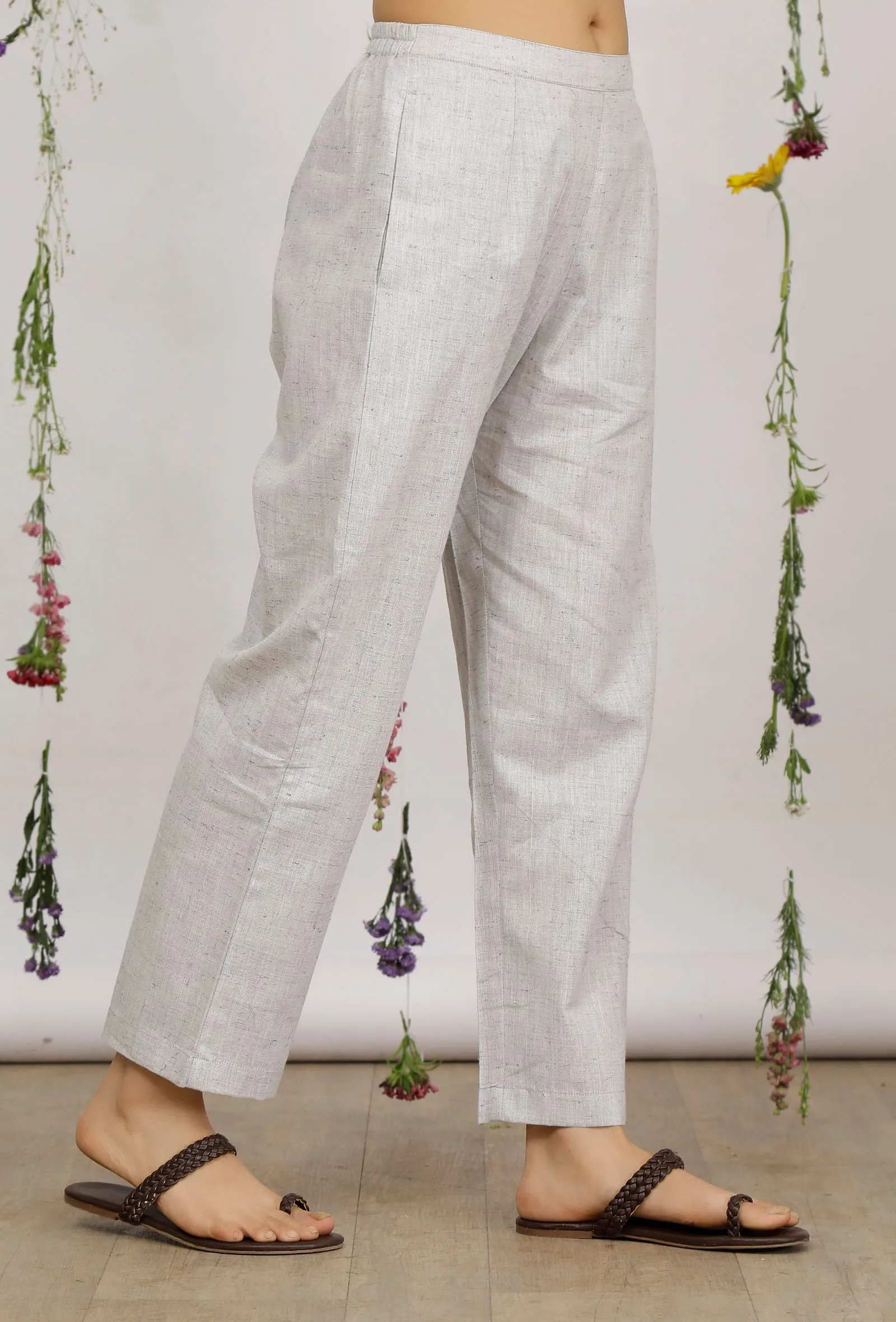 Grey Cotton Khaadi Straight Pants