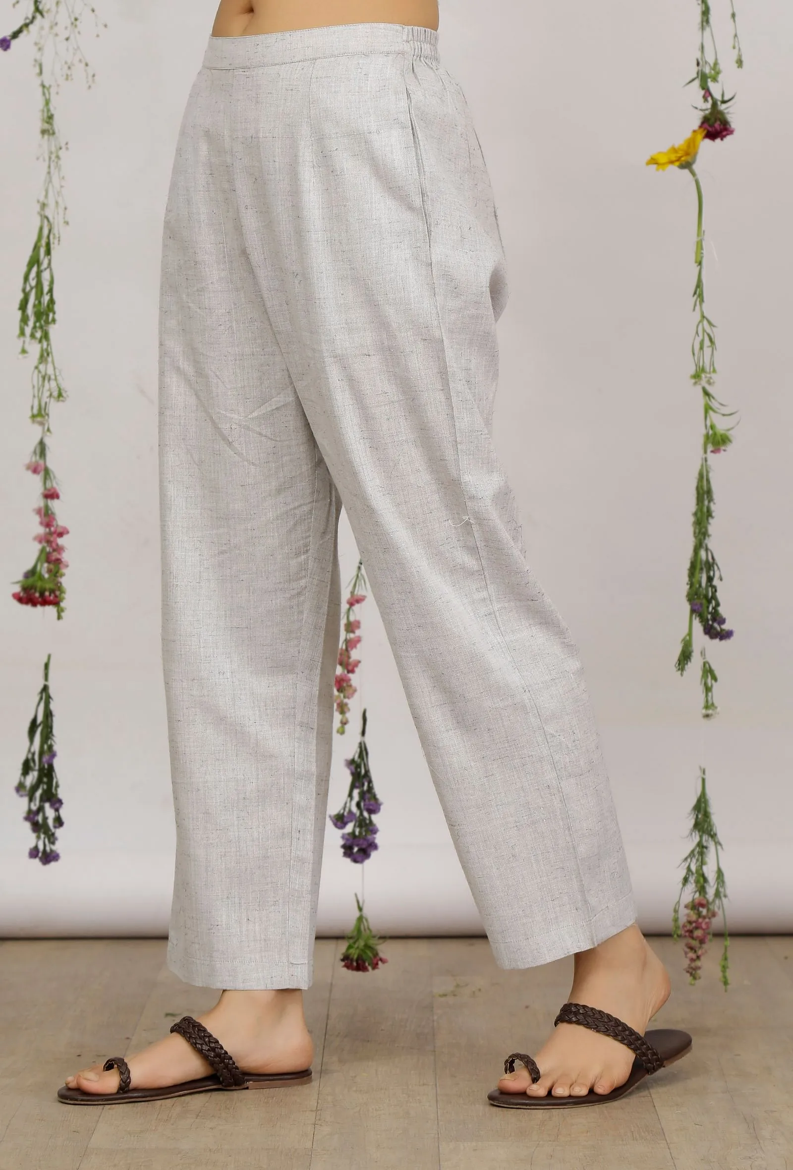 Grey Cotton Khaadi Straight Pants