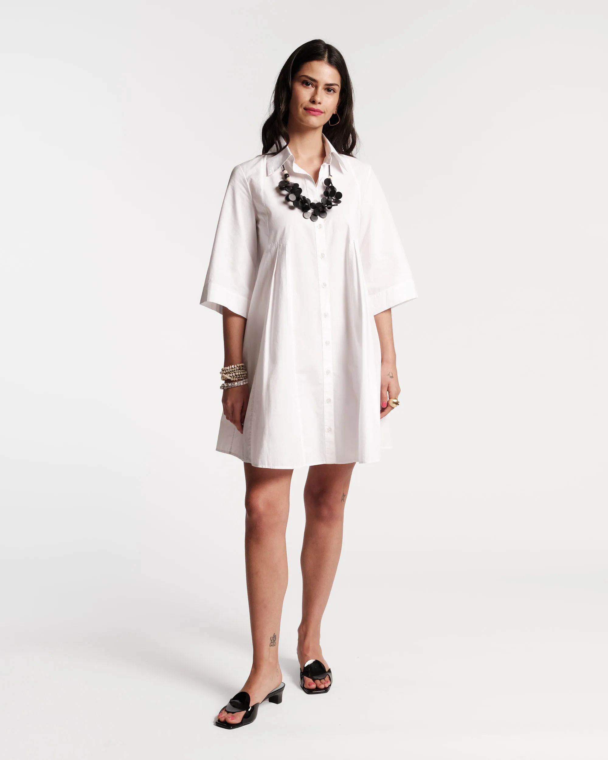 Isla Pleated Mini Shirtdress Cotton Poplin White