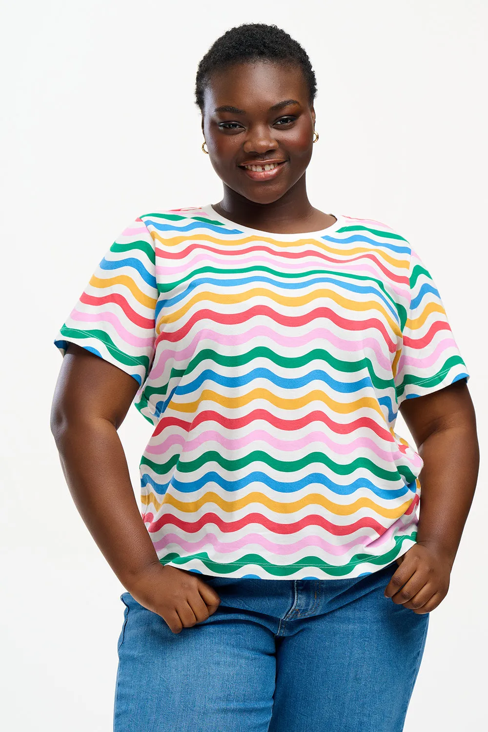 Maggie T-Shirt - Multi, Wavy Rainbow Stripes