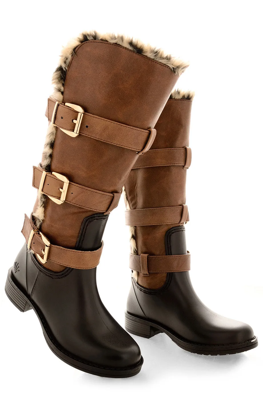 MAGNITE Camel Fur Trim Knee-High Boots