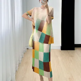 Miyake Pleated Color Block Printed Top and Skirt Set