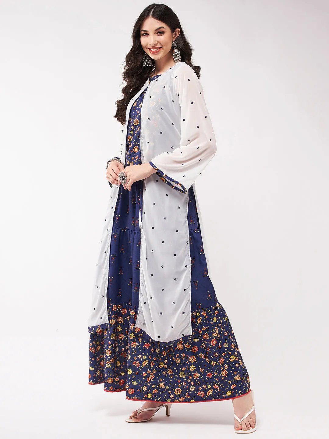 Mughal Printed Top  With Skirt And Embroidered Shrug