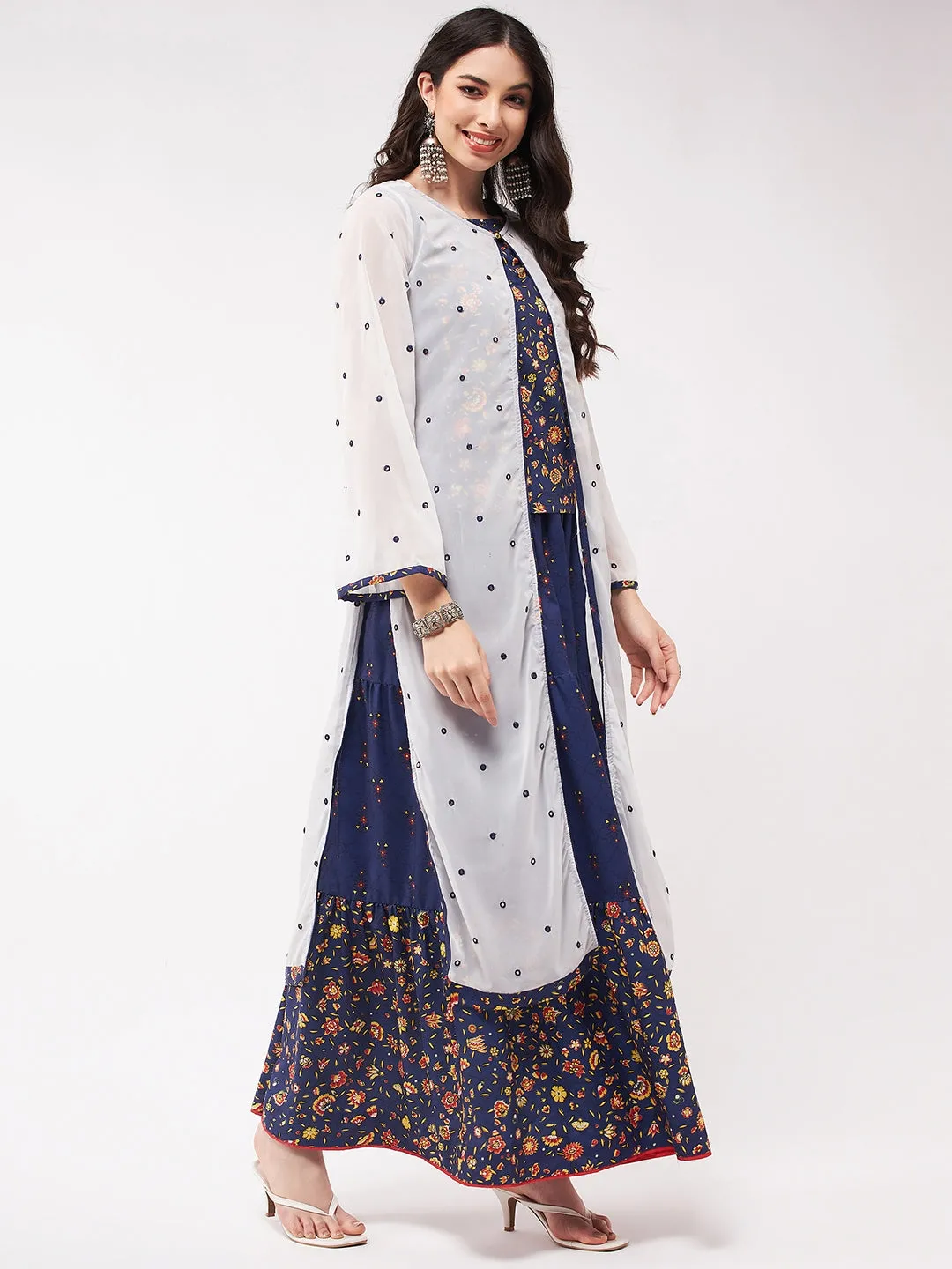 Mughal Printed Top  With Skirt And Embroidered Shrug