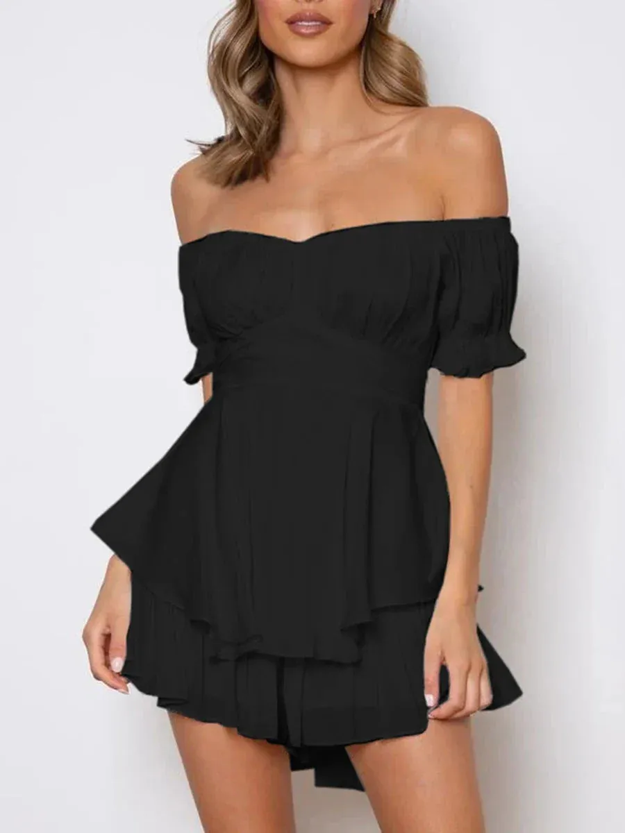 Off Shoulder Double Layer Ruffle Hem Lantern Sleeve Chiffon Short Stylish Boho Romper