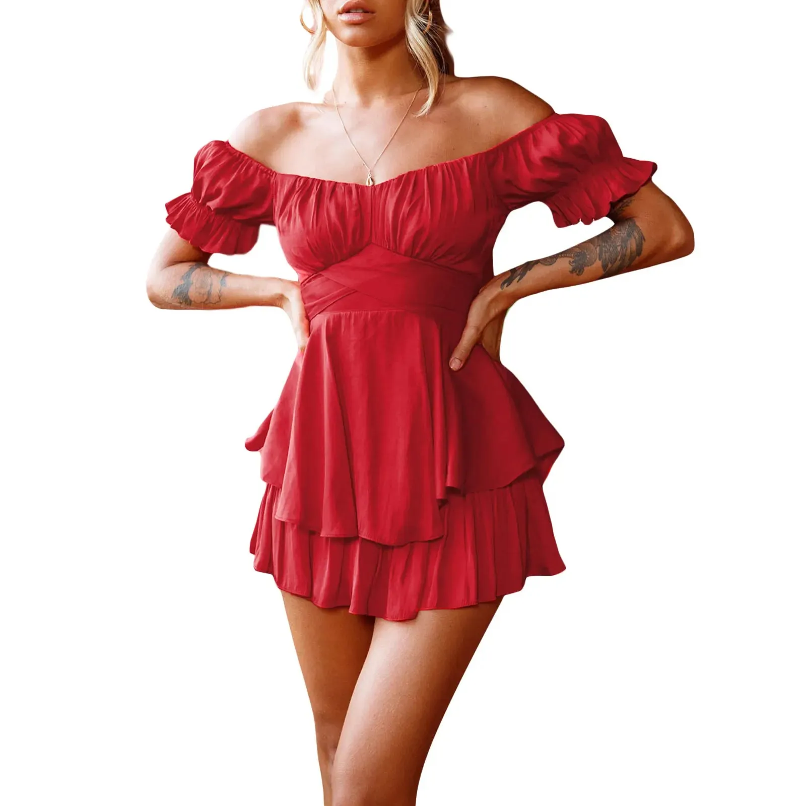 Off Shoulder Double Layer Ruffle Hem Lantern Sleeve Chiffon Short Stylish Boho Romper