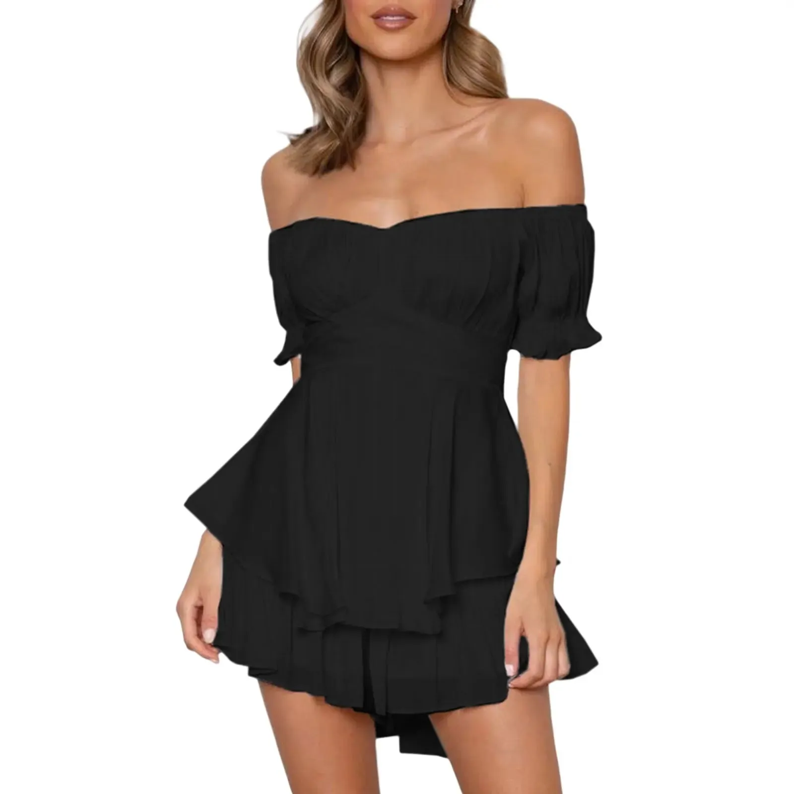 Off Shoulder Double Layer Ruffle Hem Lantern Sleeve Chiffon Short Stylish Boho Romper