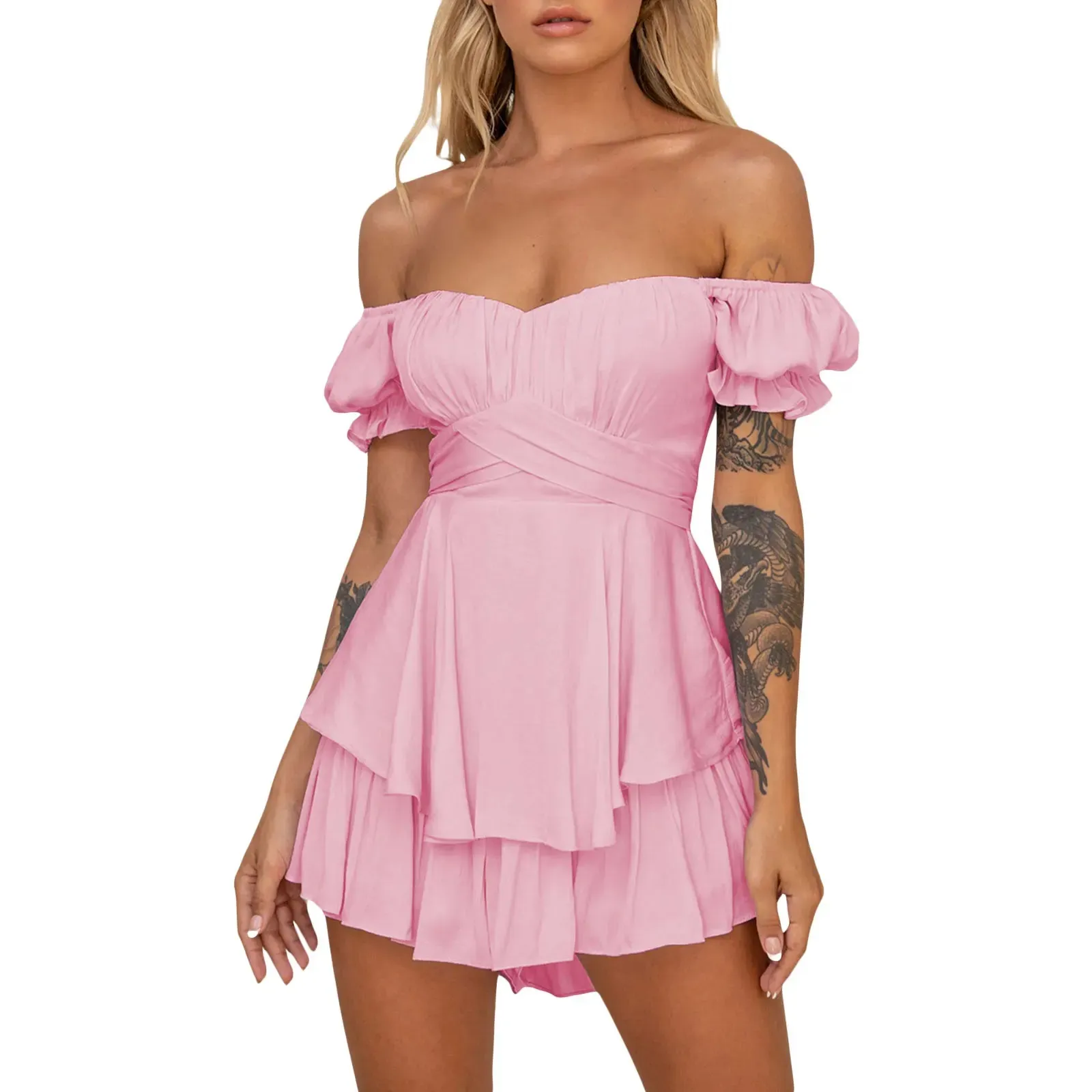 Off Shoulder Double Layer Ruffle Hem Lantern Sleeve Chiffon Short Stylish Boho Romper