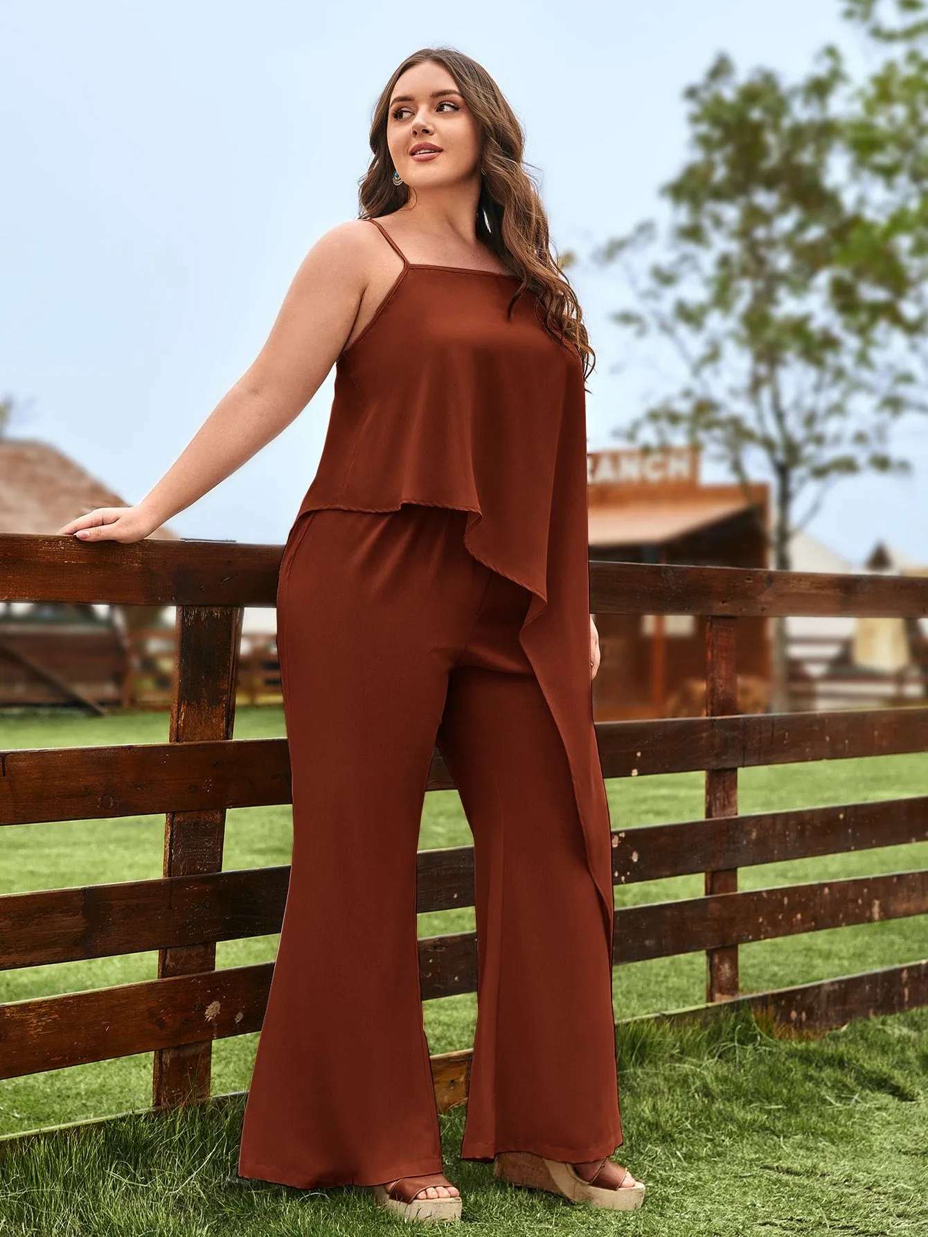 Plus Asymmetrical Hem Cami Top Wide Leg Pants