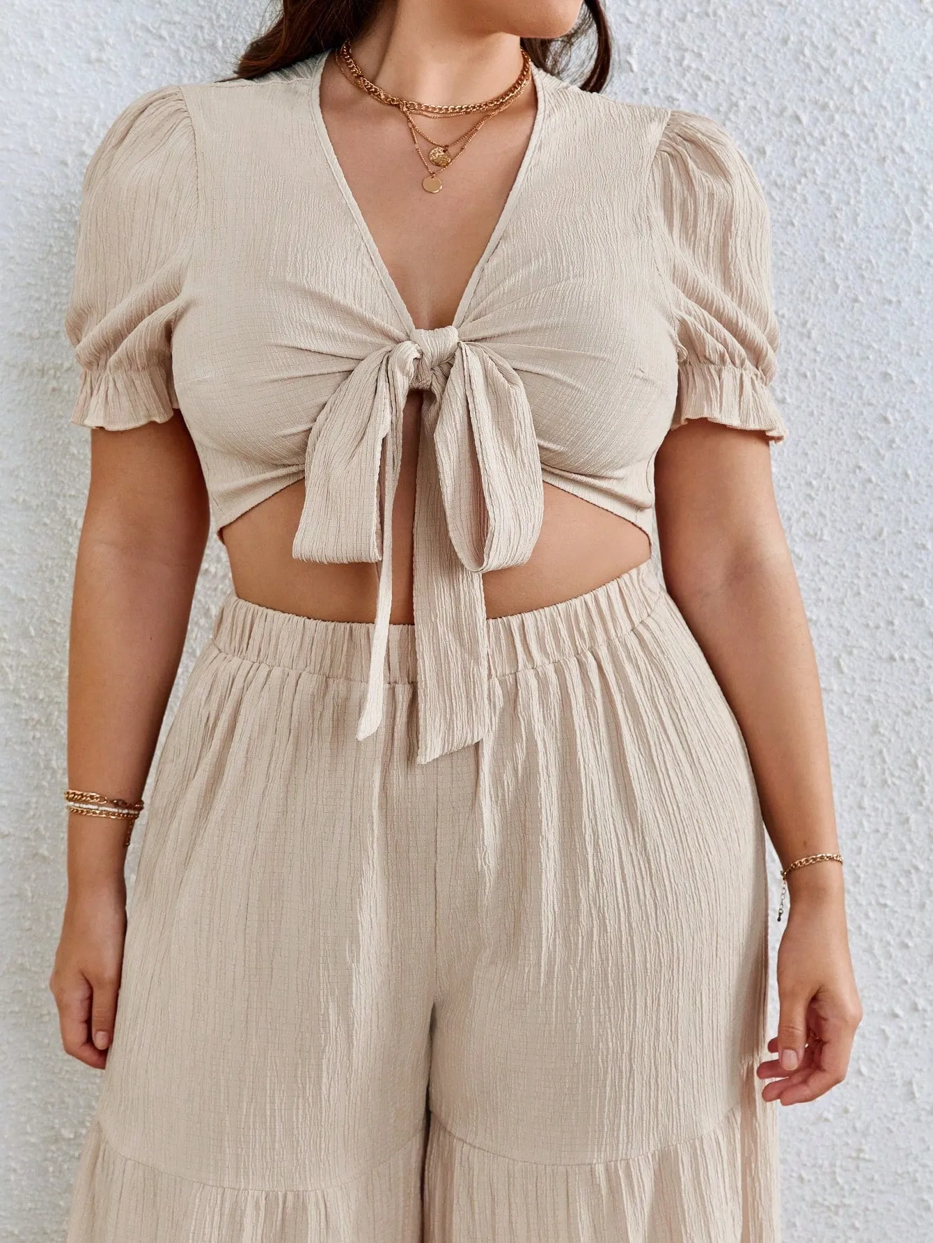 Plus Knot Front Crop Top Ruffle Hem Wide Leg Pants