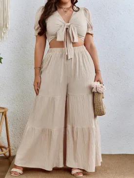 Plus Knot Front Crop Top Ruffle Hem Wide Leg Pants