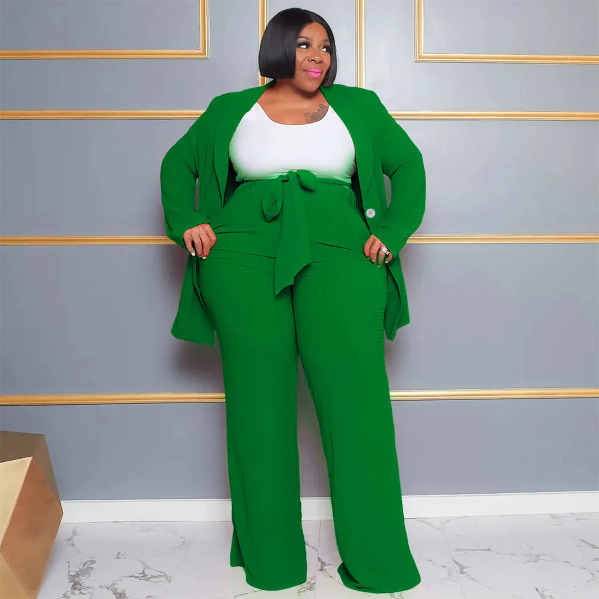 Plus Size Long Sleeve Jacket And Pants Two Piece Set