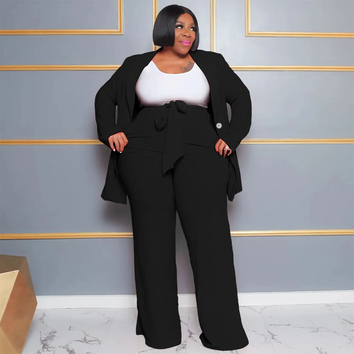 Plus Size Long Sleeve Jacket And Pants Two Piece Set