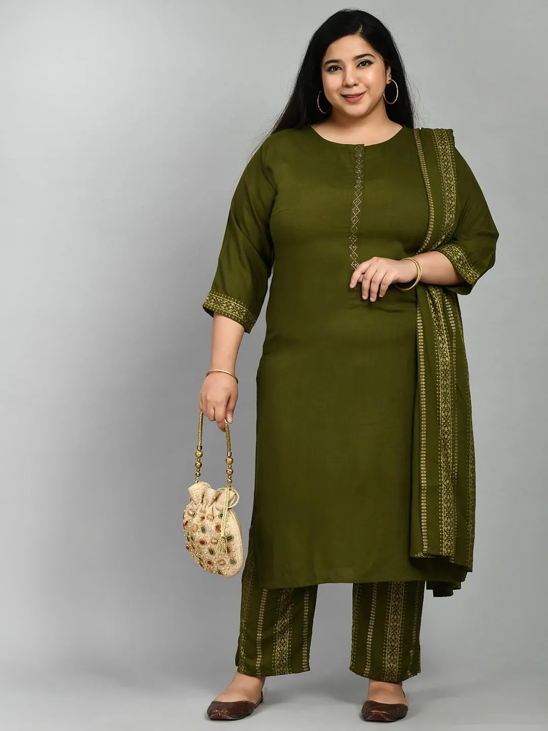 Plus Size Lush Green Kurta Pant Set with Dupatta