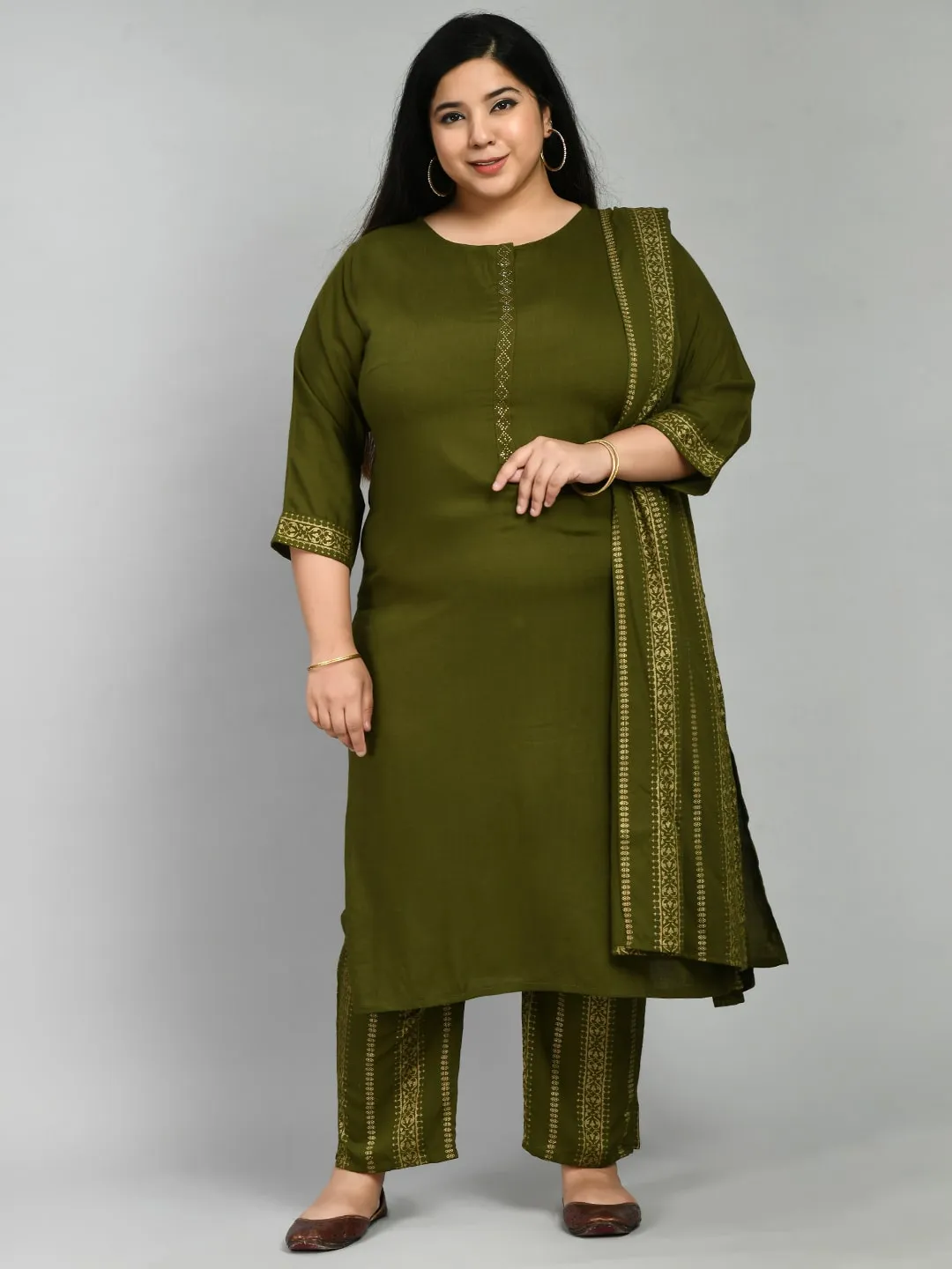 Plus Size Lush Green Kurta Pant Set with Dupatta